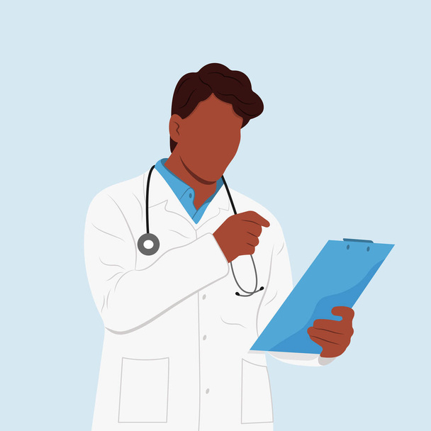 A black man is a doctor with a tablet and a stethoscope standing, looking at something with a magnifying glass and trying to find something. Curiosity concept. - Vector, Image