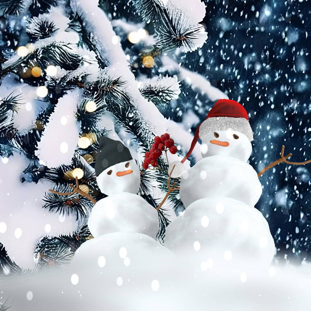 Vánoce zima sněhulák v červené santa klobouk v blízkosti borovice pokryté sněhem pozdrav karta šablona pozadí banner - Fotografie, Obrázek