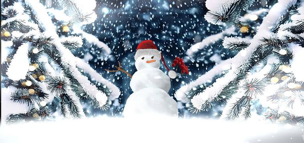 Noel kardan adam kırmızı Noel Baba şapkalı, çam ağacının yanında, kardan tebrik kartı şablonuyla kaplı arka plan afişi. - Fotoğraf, Görsel