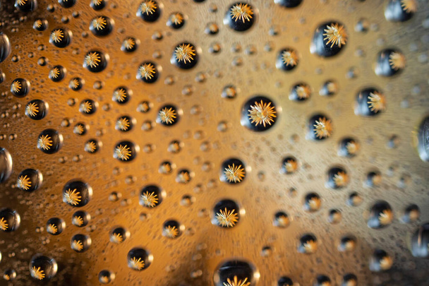 Estrella dorada vista a través de gotas de agua, fotografía macro desenfocada - Foto, imagen