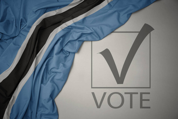 ondeando colorida bandera nacional de botswana sobre un fondo gris con voto de texto. concepto de elección. Ilustración 3D - Foto, imagen