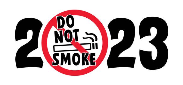 We wish you a happy new year 2023 and Stop or forbidden to smoke. No, do not smoking pictogram or icon. No smoke cigarette, tobacco or cigarettes signboard. Christmas, xmas time. - Vector, Image