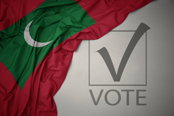 ondeando colorida bandera nacional de las maldivas sobre un fondo gris con voto de texto. concepto de elección. Ilustración 3D - Foto, imagen