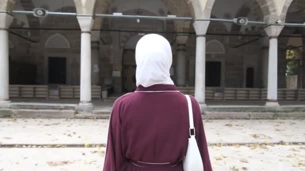 Дівчинка з Хіджабі відвідує подвір "я, кавказька муслім туристська подорож до святої місцини, відвідує велику мечеть, полюбляє екскурсії, ісламічна тема  - Кадри, відео