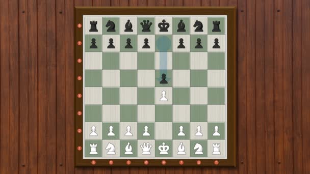 木製のテーブルの上に移動アイコンと白と緑のボードでチェスゲームは、白の作品は6つの動きでゲームに勝つ。2Dアニメーション - 映像、動画