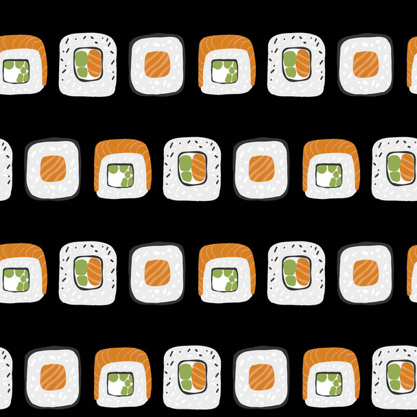 Nahtloses Muster mit Variation des Sushi-Rollensets auf schwarzem Hintergrund - Vektor, Bild
