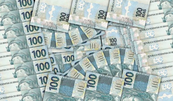 Brazilské pravé bankovky v mozaice s peněžním ventilátorem. Brazílie 100 BRL bankovek. Abstraktní koncept banky, finance, ekonomický dekorativní design pozadí 3D ilustrace. - Fotografie, Obrázek