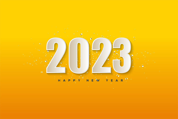 Happy new year 2023 in white on yellow background - Διάνυσμα, εικόνα