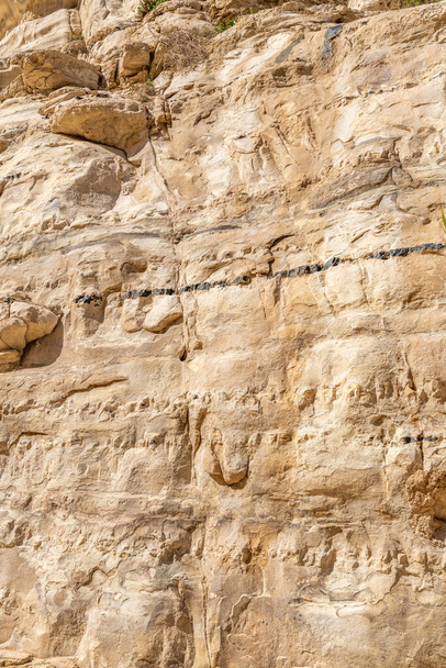 Ein Avdat roches de calcaire blanc de l'Eocène portant des coutures minces de silex brun noir dans le sud d'Israël. - Photo, image
