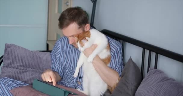 Atractivo hombre barbudo utilizando tableta de ordenador sentado en la cama en ropa de dormir celebración de gato tabby haciendo compras en línea, trabajando o navegando juntos. Video de alta calidad 4k - Imágenes, Vídeo
