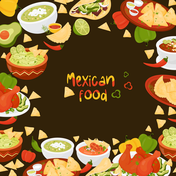 Plakat traditionelles mexikanisches Essen. Lateinamerikanische Gerichte Quesadilla, Tacos, Guacamole mit Nachos, grüne Suppe und Tomatensuppe, Empanadas, mexikanisches Achiote-Huhn auf schwarzem Hintergrund. Vektorillustration - Vektor, Bild