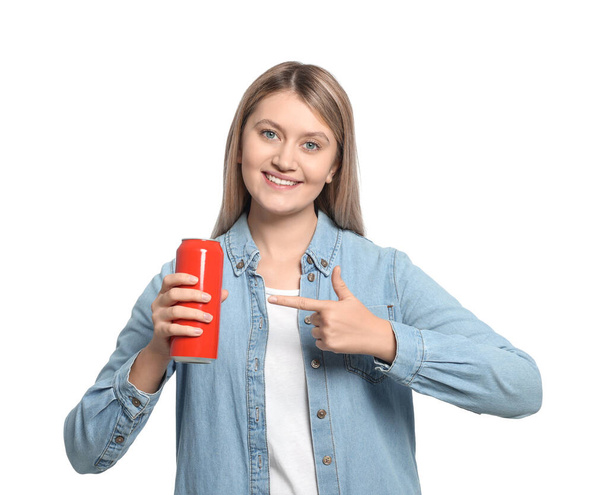 Beautiful happy woman holding red beverage can on white background - Foto, Imagen