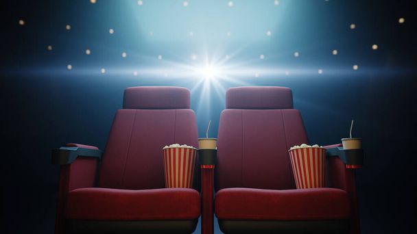 映画館の座席でポップコーンとドリンクで暗い場所, 3Dレンダリング - 写真・画像