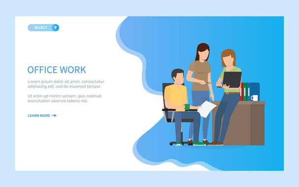 Office work online, teamwork of people, employees with laptop and paper, portrait view of people with computer and document making report vector. Website or webpage template, landing page flat style - Vetor, Imagem