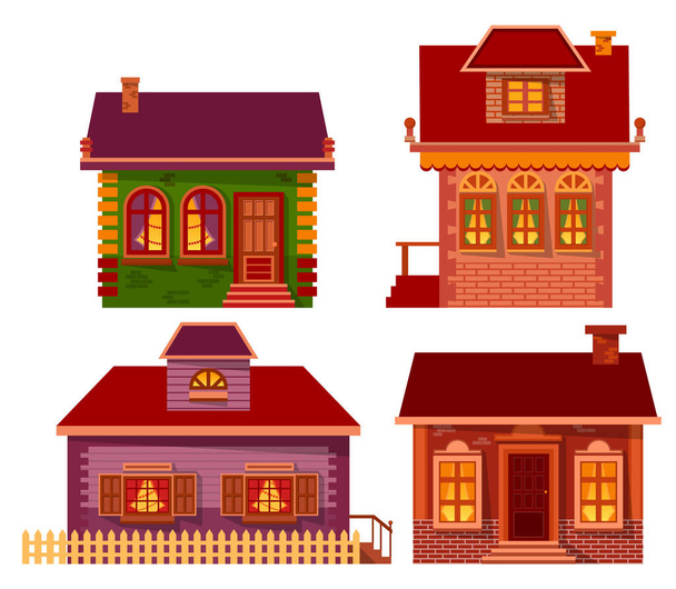 Homes of people in winter vector, isolated set of buildings. Houses designs, estate with pine tree decorated inside. Exterior of chalet with chimney and wide windows. Architecture of city of village - Вектор,изображение