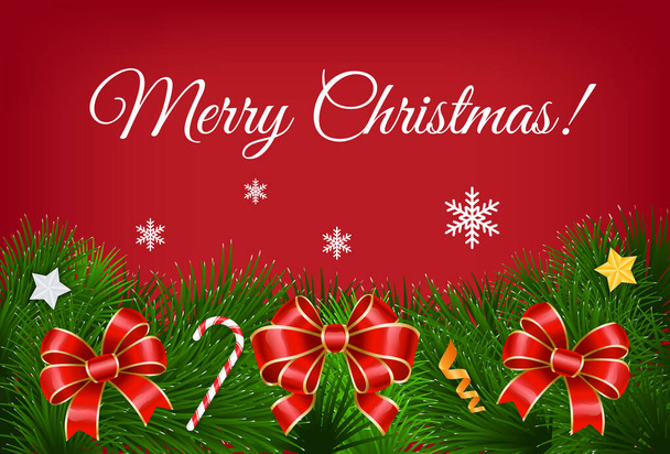 Spruce 'un üzerindeki fiyonk ve şekerle süslenmiş mutlu Noeller tebrik kartı. Kış tatili kartpostalında kar tanesi ve yıldız sembolü var. Konfeti vektörlü geleneksel köknar ağacı nesnesi olan yeni yıl posteri - Vektör, Görsel