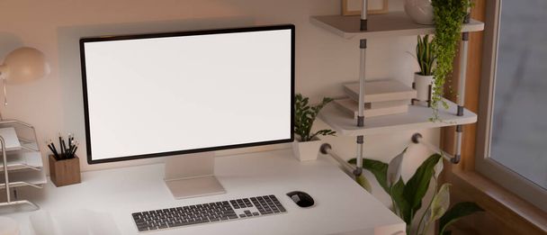 Moderno design contemporaneo del luogo di lavoro con schermo bianco desktop mockup per visualizzare la grafica, gli accessori, gli scaffali a parete, le piante da interno e l'arredamento. rendering 3d, illustrazione 3d - Foto, immagini