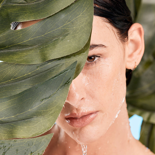 Woman, skincare and jungle leaves by face with water drop, moisturizer and wellness with mystery. Plants, natural cosmetic and water on model skin for health, organic cleaning and facial aesthetic. - Φωτογραφία, εικόνα