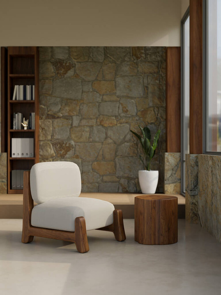 Confortable salon design intérieur avec mur en pierre, fauteuil confortable, table d'appoint en bois et décoration. Séjour nordique avec mur de pierre. rendu 3d, illustration 3d - Photo, image