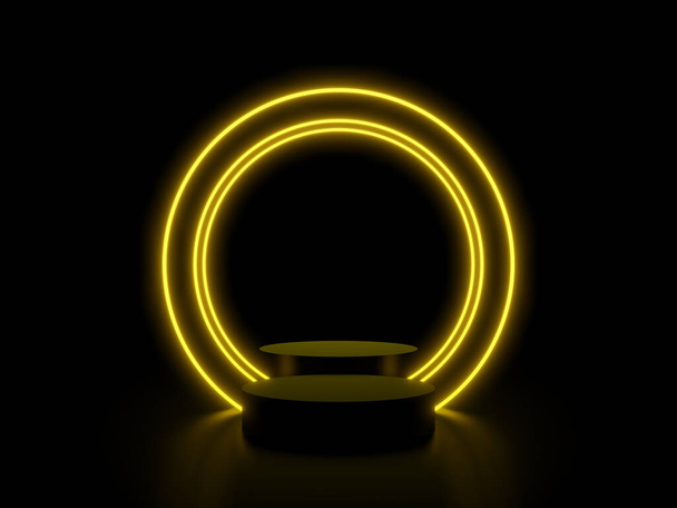 3D-Rendering schwarzes Podium mit gelben Kreisen Neonlichter. - Foto, Bild