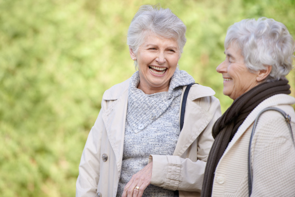 Freunde fürs Leben. Ausgeschnittene Ansicht von zwei Seniorinnen, die im Freien lächeln und plaudern - Foto, Bild