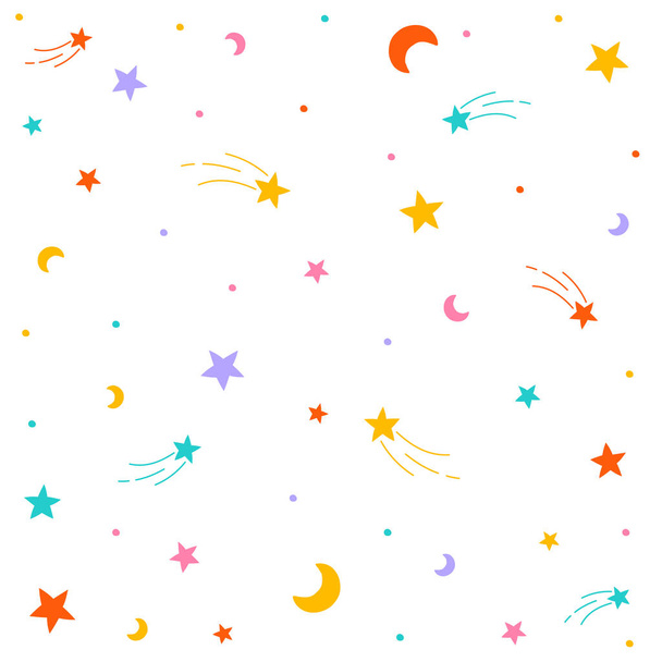 Niedliche Konfetti Star Space Sky Meteor Sternschnuppe Sichel Mond Streuen Sparkle Glanz Kleine Polkadot Dot Line Mini Herz Abstrakt Bunte Pastell nahtlose Muster Hintergrund - Vektor, Bild