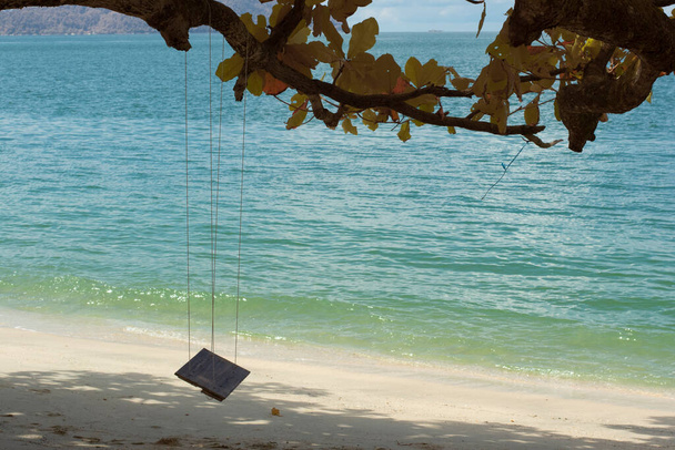 infrared image of the single rope bench swing by the beach. - Фото, изображение