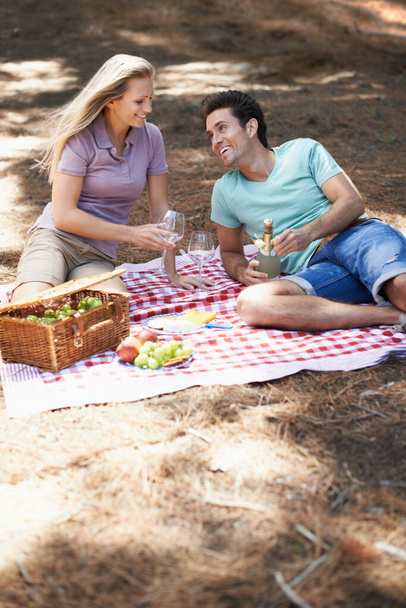 Niente batte un picnic romantico. Veduta di una giovane coppia felice che si gode un romantico picnic nel bosco - Foto, immagini