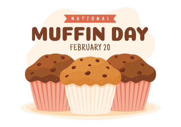 National Muffin Day on February 20th with Chocolate Chip Food Classic Muffins Delicious in Flat Cartoon Hand Drawn Template Illustration - Vector, Image