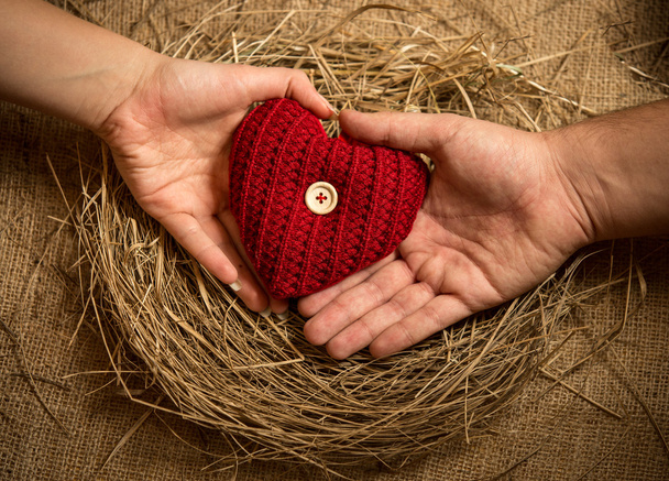 muž a žena držící pletené srdce ptáků hnízdí - Fotografie, Obrázek