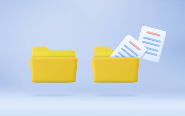 carpeta amarilla del ordenador con volando documentos en blanco. carpeta de diseño mínimo con archivos, icono de papel. Concepto de gestión de archivos. renderizado 3d. Ilustración vectorial - Vector, Imagen