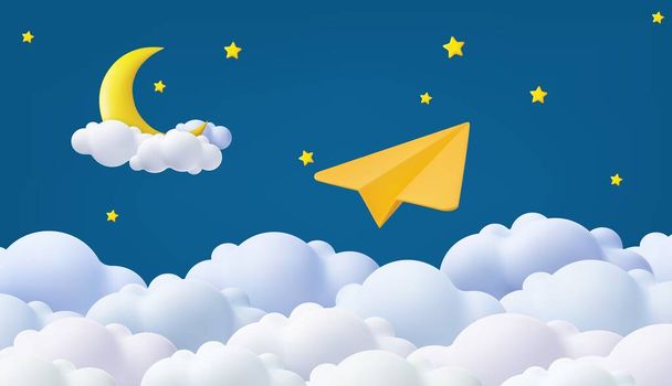 3D Gute Nacht und süße Träume Banner. Flauschige Wolken auf dunklem Himmelshintergrund mit Goldmond und Sternen. 3D-Papierflugzeug mit Wolken. 3D-Darstellung. Vektorillustration - Vektor, Bild