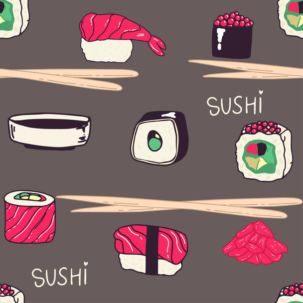 Vector naadloze sushi patroon Sushi geïsoleerde pictogrammen in naadloos patroon, vector illustratie. Inpakpapier ontwerp voor Japans restaurant food delivery pakketten - Vector, afbeelding