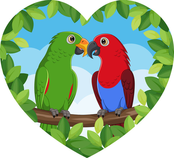 Illustrazione vettoriale di pappagalli del fumetto Bella coppia sulla crusca dell'albero - Vettoriali, immagini