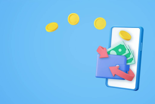 Cashback arrow transaction concept. shopping online payment coin floating on mobile phone. 3d rendering. Vector illustration - Vecteur, image
