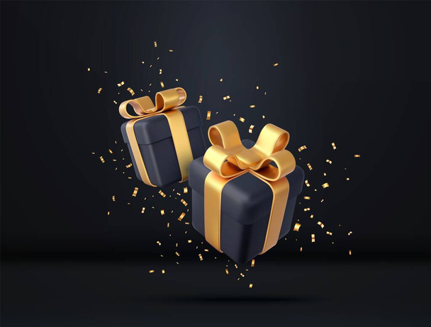 3d black gift boxes with golden ribbon and bow and sequins confetti. Birthday celebration concept. Merry New Year and Merry Christmas gift boxes with golden bows. 3d rendering. Vector illustration - Vector, Image