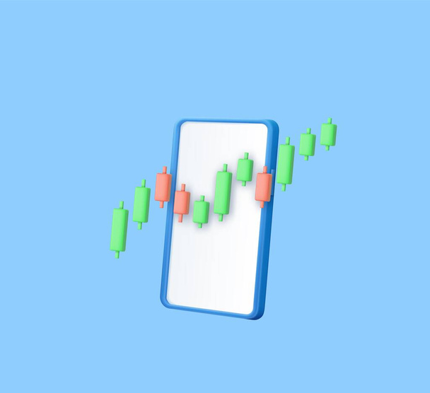 3d Vela palo gráfico gráfico de comercio en línea del mercado de valores con teléfono móvil. Mercado bursátil de inversión. renderizado 3d. Ilustración vectorial - Vector, imagen