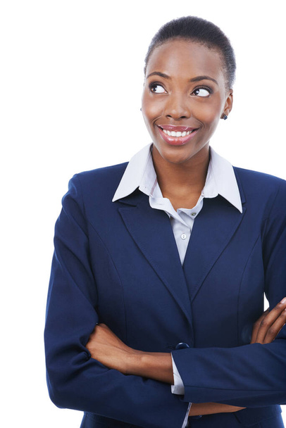 Ella tiene algunas grandes ideas de negocios... Una hermosa joven mujer de negocios afroamericana aislada en blanco - Foto, imagen