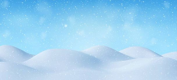 3D přírodní zimní Vánoce a nový rok pozadí s modrou oblohou, sněžení, sněhové vločky, sněhové závěje. Zimní krajina s podzimními vánocemi zářící krásný sníh. Vektorová ilustrace - Vektor, obrázek