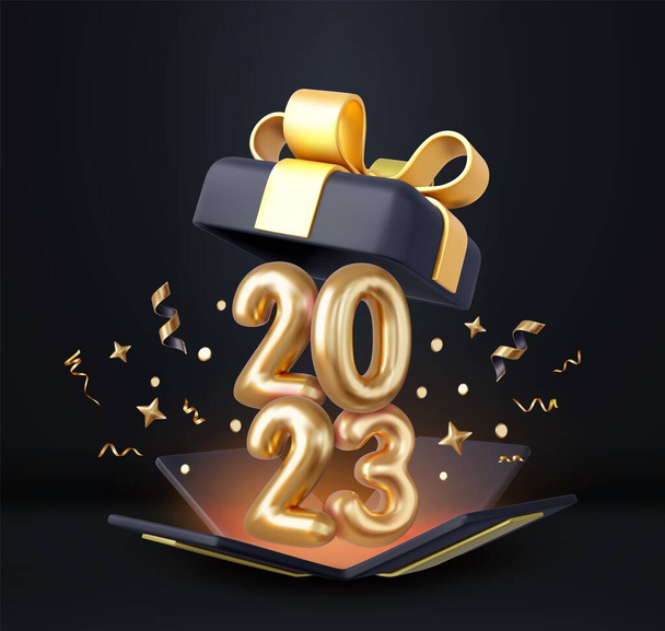 3d Happy New Year 2023. Open gifts box number sign 2023. Merry Christmas Background. Xmas sale present. 3d rendering. Vector illustration - Vector, Image