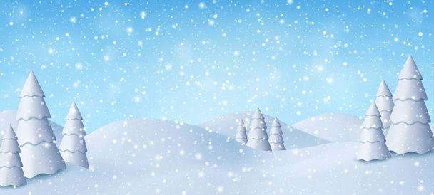 3d Natur Winter Weihnachten und Neujahr Hintergrund mit blauem Himmel, Schneefall, Schneeflocken, Schneeverwehungen und schneebedeckten Tannen.. Winterlandschaft mit fallenden Weihnachten leuchtenden Schnee. Vektorillustration - Vektor, Bild