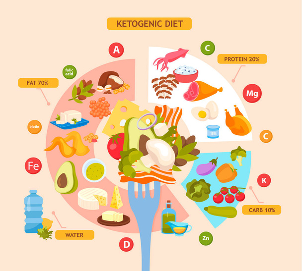 Ketogenik diyet düz bilgi grafikleri. Diyagramı, keto gıda vektörü çiziminde yağ protein ve karbonhidrat yüzdesini gösteriyor. - Vektör, Görsel