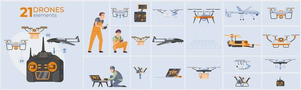 İnsansız hava araçları ve düz izole vektör illüstrasyonları ile dronlar bileşimi ayarlandı - Vektör, Görsel