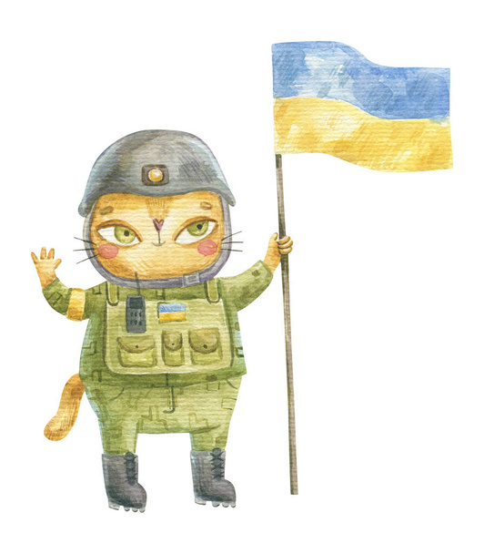 carino patriota gatto ucraino, guerriero gioisce della vittoria dell'Ucraina, illustrazione per bambini in acquerello su uno sfondo bianco - Foto, immagini