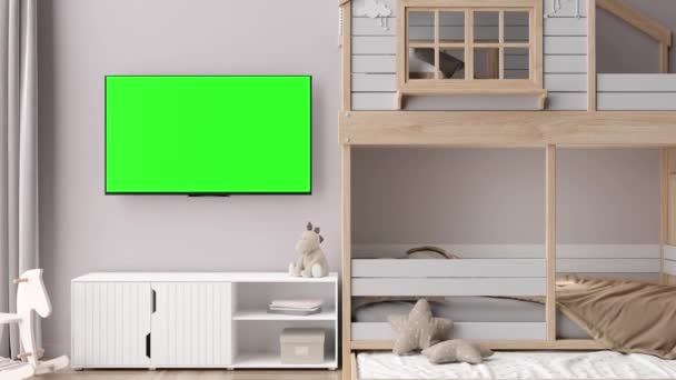 TV LED com tela verde em branco, na parede na sala das crianças. TV vídeo mock up com Chroma Key. Copiar espaço para publicidade, filme, aplicativo. Ecrã de televisão vazio. Quarto moderno para crianças interior. Renderização 3D - Filmagem, Vídeo