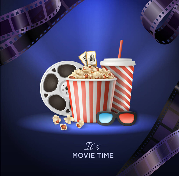 Кино реалистичный плакат с подсветкой ведро попкорн напиток 3D очки катушки билеты на синем фоне с лентами векторной иллюстрации - Вектор,изображение