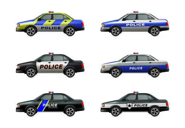 Voitures de police avec symboles de véhicules municipaux illustration vectorielle isolée réaliste - Vecteur, image