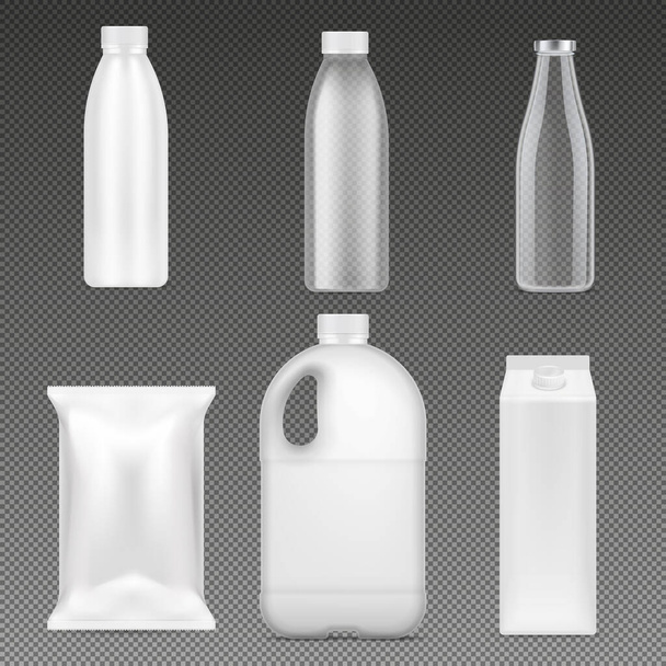 Paquetes de leche conjunto realista de botellas de vidrio con tapa y envases de plástico aislados en la ilustración de vectores de fondo transparente - Vector, Imagen