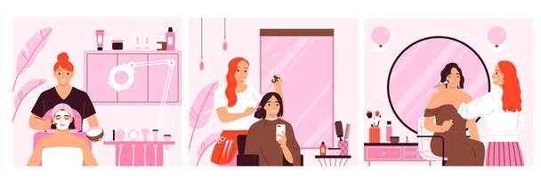 Conjunto de composiciones de servicio de belleza con peinado y maquillaje plano aislado vector ilustración - Vector, Imagen