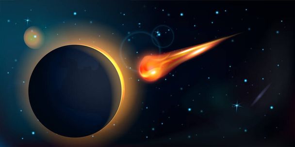 Composizione realistica con paesaggio spaziale esterno e vista di meteoriti in fiamme che volano in direzione del pianeta illustrazione vettoriale - Vettoriali, immagini